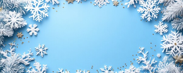 Festive winter background featuring glittering white snowflakes on a light blue backdrop creating a serene holiday atmosphere