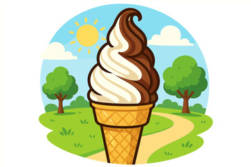 Soft serve ice cream cone with chocolate and vanilla swirl. Vector cartoon illustration of a sweet frozen dessert snack in a sunny park. Summer food concept delicious treat.