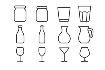 Glassware line icon set. Vector collection of glass jar, bottle, cup, wineglass, and pitcher icons. Minimalist drink and kitchenware symbols with editable stroke for web design.