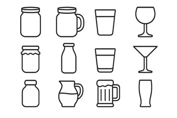 Glassware line icon set. Vector collection of glass containers, jars, bottles, and drink glasses. Editable stroke design for web and apps. Includes wine, beer, milk.