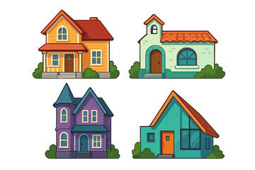 House collection vector icon set. Four distinct architectural styles: classic family home, spooky Victorian mansion, modern A-frame, and Mediterranean villa. Real estate cartoon.