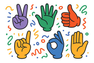 Colorful hand signs collection. Cartoon gestures as thumbs up, peace, ok sign, high five. Set of vector icons for communication, diversity, positive feedback, and agreement.