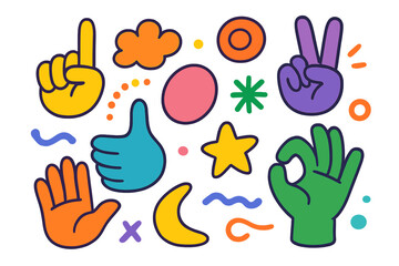 Set of colorful cartoon hand gestures and abstract doodle shapes. Vector collection of retro stickers like peace sign, thumbs up, ok symbol, star and moon for communication.