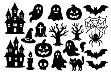 Halloween silhouette icons with haunted house, ghost, pumpkin, bat, spider, and witch hat. Spooky vector graphic elements for party decoration. Cartoon character collection.