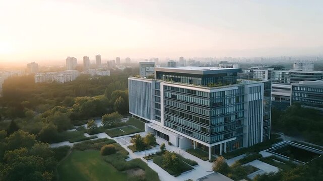 aerial view of multi story hospital with outdoor green zones and walking paths integration of health and nature three quarter wide angle cinematic color correction gentle