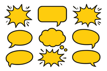Set of yellow comic speech bubbles. Cartoon pop art vector design elements. Chat message, dialogue balloon, thought cloud and explosion burst shapes for communication concept.