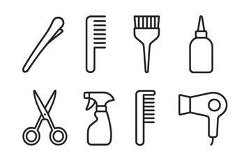 Hair salon tools icon set. Minimalistic line art vector illustration of hairdresser and barbershop equipment. Includes scissors, comb, hairdryer for styling and cutting.