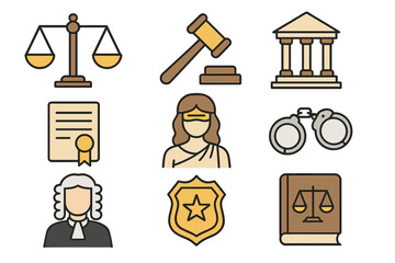 Law and justice icon collection. Vector set of legal symbols like judge, gavel, courthouse, Lady Justice, handcuffs, and police badge. Flat cartoon style crime and order concept.