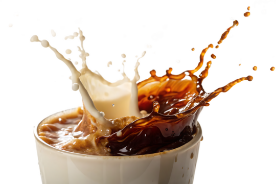 Splash of coffee and milk mixing in air, isolated on AI generated by PNG