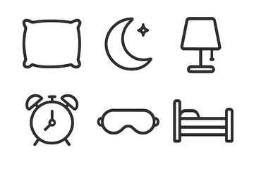 Sleep icon set. Bedtime essentials, healthy dream routine. Minimalist line art collection: pillow, moon, lamp, alarm clock, mask, bed. Vector graphic symbols for night.