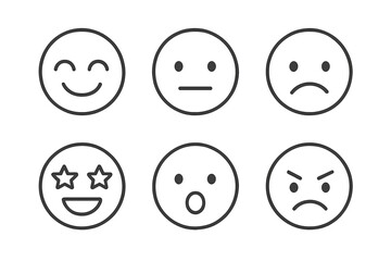 Emoji faces line art icon set. Minimalist vector emoticons with a range of emotions. Happy, sad, angry, surprised, neutral, star-struck expressions for customer feedback.