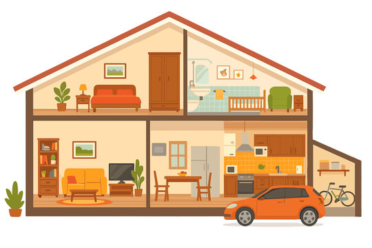 House in cut detailed interior. Cross-section with rooms and furniture. Home inside view with living room, kitchen, bedroom, nursery, bathroom, and garage. Flat vector illustration.