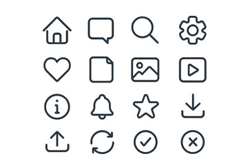 Minimalist user interface icons set for web design and apps, vector line art cartoon style with transparent background, ordered collection of essential UI symbols, simple and clean