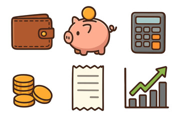 Minimalistic finance icons set featuring wallet, piggy bank with coin, calculator, coins, receipt, and growth chart, cartoon style vector illustration for business and budgeting