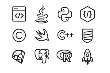 Minimalist outline icons of popular programming languages and coding symbols set, vector cartoon style with transparent background, includes Java, Python, C++, Swift, R, and more
