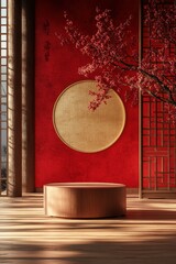 Naklejka premium A minimalist podium stands before a striking red wall adorned with intricate calligraphy, soft lighting