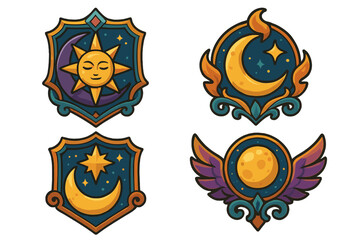 Fototapeta premium Unique celestial emblem designs with sun, moon, stars, wings, and vibrant fantasy colors, perfect for mystical art, gaming, astrology, and magical vector icons