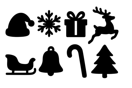 Silhouette Christmas icons set including Santa hat, snowflake, gift box, reindeer, sleigh, bell, candy cane, and pine tree vector illustration with transparent background, festive holiday symbols