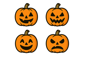Halloween pumpkin icon set. Vector cartoon illustration of jack o' lantern faces showing different emotions. Spooky, happy, angry, and scary expressions for autumn holiday design.
