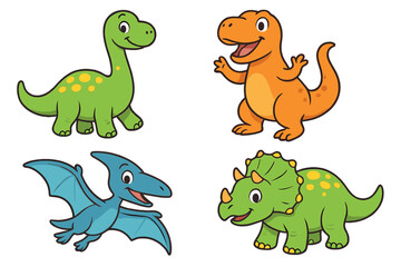 Obraz premium Cute cartoon dinosaur set. Vector collection of happy dino characters like T-Rex, Brontosaurus, Triceratops, and Pterodactyl. Funny prehistoric animal mascot for kids illustration.