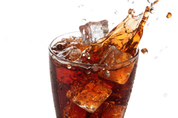 Splash of cola drink with floating ice cubes, isolated on AI generated by PNG