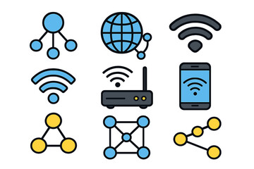 Technology icons network and connectivity symbols collection, wireless wifi signals, digital communication vector set, cartoon style design with transparent background, modern technology elements
