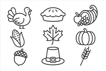 Thanksgiving icons set with turkey, pie, cornucopia, pumpkin, autumn leaf, corn, acorn, pilgrim hat, and wheat in simple line style, vector cartoon illustration, transparent background