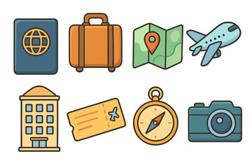 Travel icons set with passport, suitcase, map, airplane, hotel, ticket, compass, and camera. Cartoon style vector illustration for vacation, tourism, journey, adventure, and exploration design