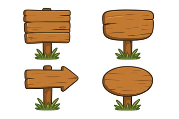 Wooden signboards set with grass decoration, cartoon style vector illustration, directional arrow, blank boards, nature theme, rustic wood plank signs collection for design