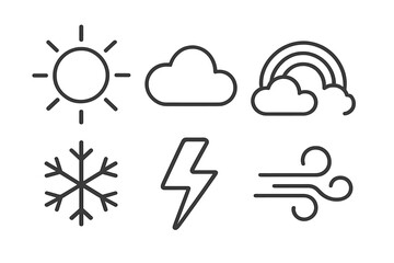 Weather icons set sun cloud rainbow snowflake lightning wind simple line art vector cartoon transparent background ordered collection weather symbols design elements