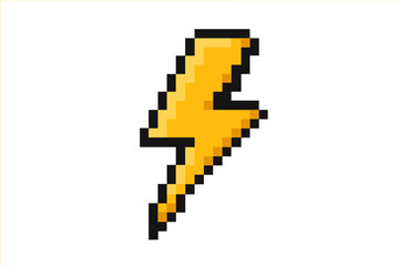 Lightning bolt pixel art icon. 8-bit retro game asset. Electric power flash symbol. Yellow thunder weather sign. Vector illustration for arcade video games. Energy concept.
