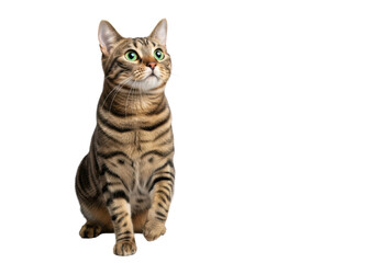 Obraz premium Adult tabby cat with striped fur, vibrant emerald eyes, standing gracefully with raised paw on transparent studio background with copy space, soft diffused lighting. Captivating feline curiosity