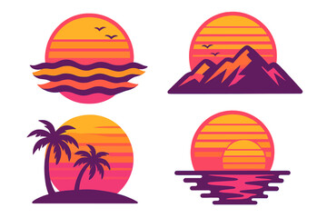 Retro sunset collection in 80s 90s synthwave style. Vintage sun logo set with summer beach palm trees, ocean waves and mountain landscape. Vector graphic design element.