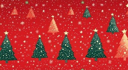 Festive christmas scene with a red background and green decorated trees