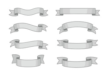 Silver ribbon banner vector set. Collection of elegant gray metallic scroll labels. Flat decorative graphic elements isolated on white background. Empty template design.