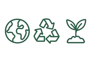 Simple eco-friendly linear icons featuring Earth globe, recycling symbol, and young plant sprout in soil, green environmental conservation vector set, minimal nature illustration