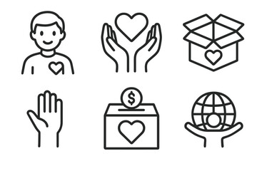 Charity and donation outline icon set. Volunteer and help symbols. Vector collection for fundraising and social work. Giving love, money and support concept. Humanitarian aid.