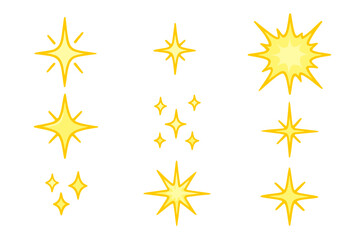 A set of vector cartoon sparkle icons. Yellow shining stars, light flashes and glitter bursts. Magical twinkle and glow effects. Clean and new concept illustration isolated.