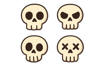 Cartoon skull icon set for Halloween. Cute spooky character head collection with different emotions. Vector flat design emojis, skeleton face, dead symbol, angry expression.