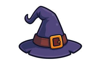 Witch hat vector illustration. Halloween costume accessory. Magic wizard cap icon for spooky party design. Cartoon fantasy sorcerer headwear symbol. Isolated on white.