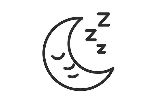 Sleeping crescent moon icon with peaceful face and Zzz signs, simple linear style, isolated vector cartoon illustration for websites and apps, transparent background, restful night concept
