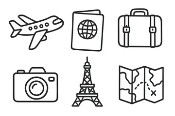 Travel and tourism icon set. Hand drawn vector line art symbols including airplane, passport, luggage, camera, Eiffel Tower, and map. Vacation and journey concept icons.