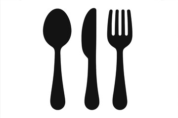 Cutlery icon set with spoon, knife, and fork. Black silhouette style vector illustration. Tableware symbol for restaurant, dining, and food concepts. Isolated graphic element.