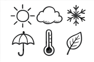 Hand drawn weather icons set. Doodle cartoon style vector. Sun, cloud, snowflake, umbrella, thermometer, leaf. Forecast, meteorology, season, climate symbols collection.