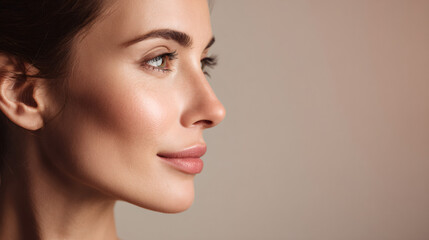 Fototapeta premium Close up portrait of a young caucasian woman with beautiful blue eyes and natural freckles looking at camera. Beauty and skin care concept.