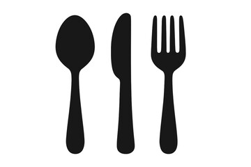 Tableware silhouette with spoon, knife, and fork. Vector cutlery icon set for restaurant menu, food concepts, and dining graphics. Kitchen utensil illustration for eating.