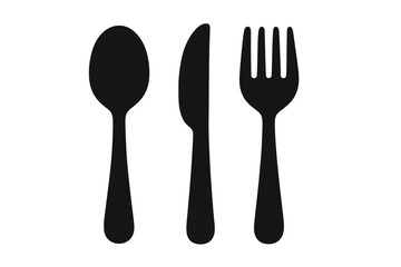 Tableware symbol silhouette. Spoon, knife, and fork icon set. Vector illustration for restaurant menu design. Cutlery flatware for eating, dining, and food concept.
