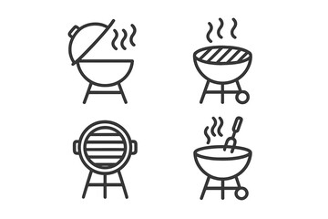 BBQ grill icon set. Minimalist line art for cooking and barbecue concept. Vector charcoal grill illustration for outdoor picnic. Food, steak, smoke, summer party graphic.