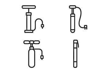 Bicycle pump icons set. Minimalist line art for bike repair and maintenance. Vector symbols for inflating tires. Manual air pump and inflation tool collection for cycling.