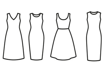 Collection of simple dress outlines for fashion design and sewing patterns. Vector set of female garment silhouettes. Minimalist icons of different dress styles for apparel.